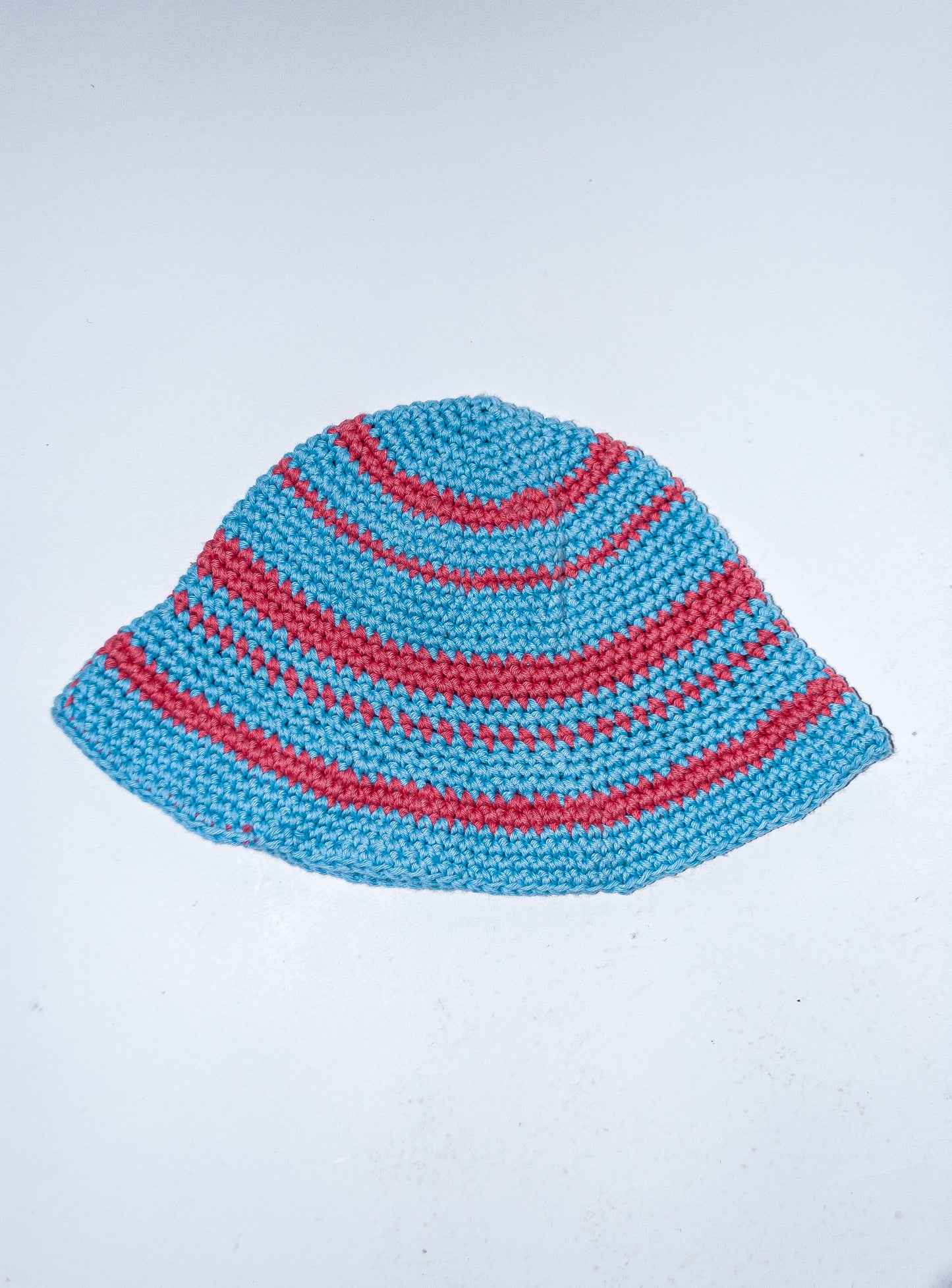 Crochet Hat: Blue with coral-red stripes