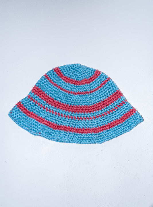 Crochet Hat: Blue with coral-red stripes