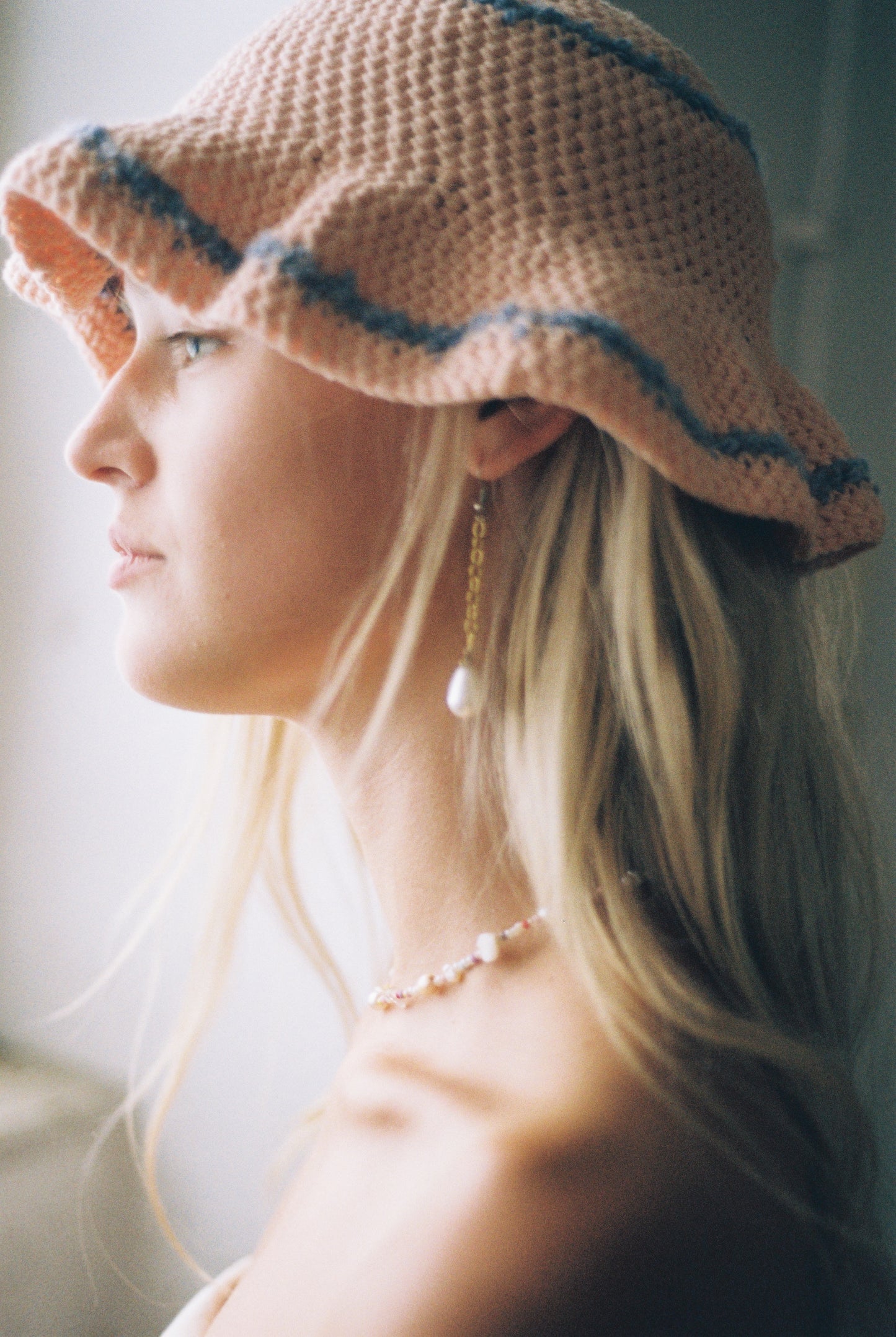 Crochet Hat: Peach with blue stripes