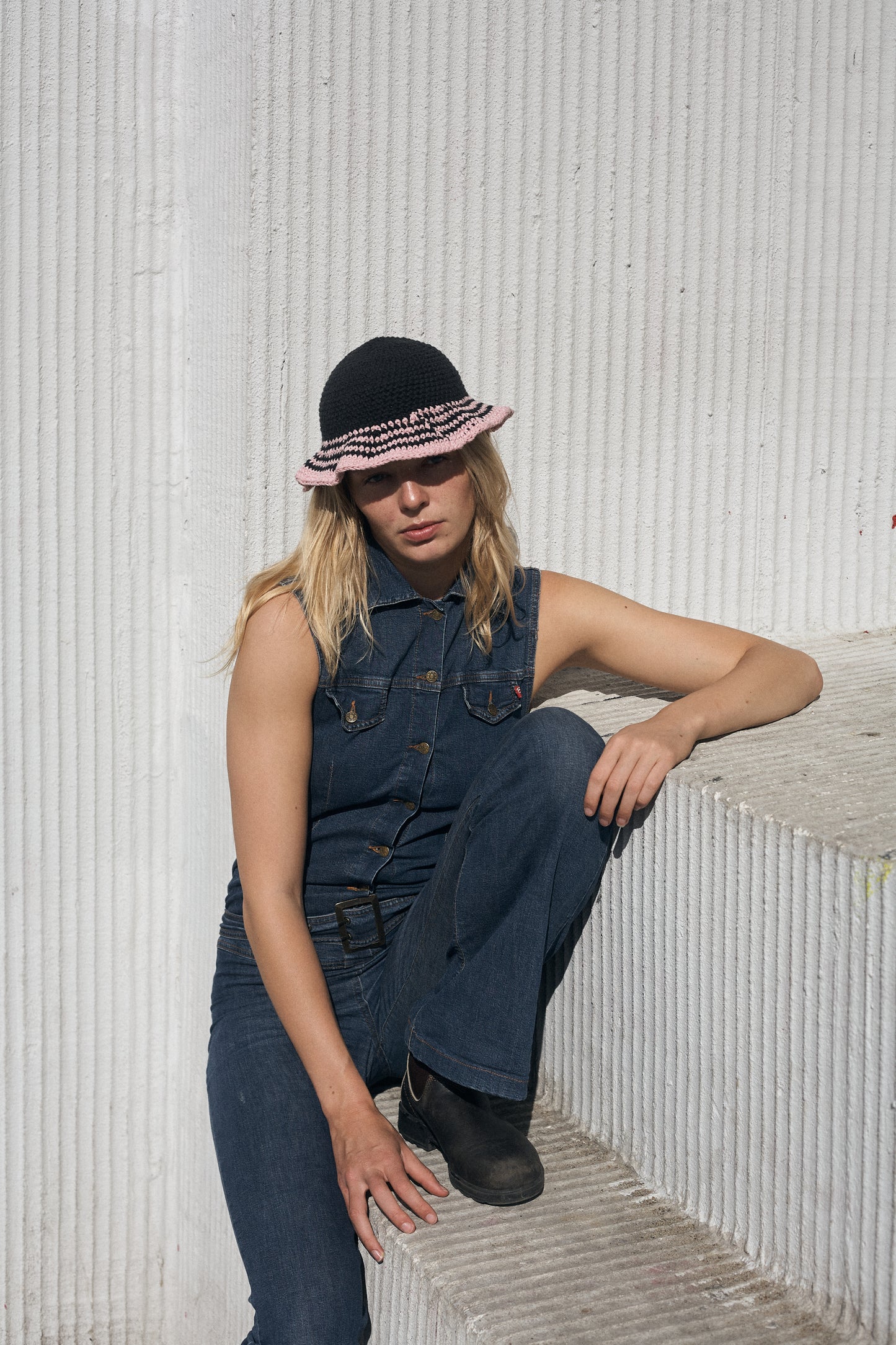 Crochet Hat: Black with pink stripes