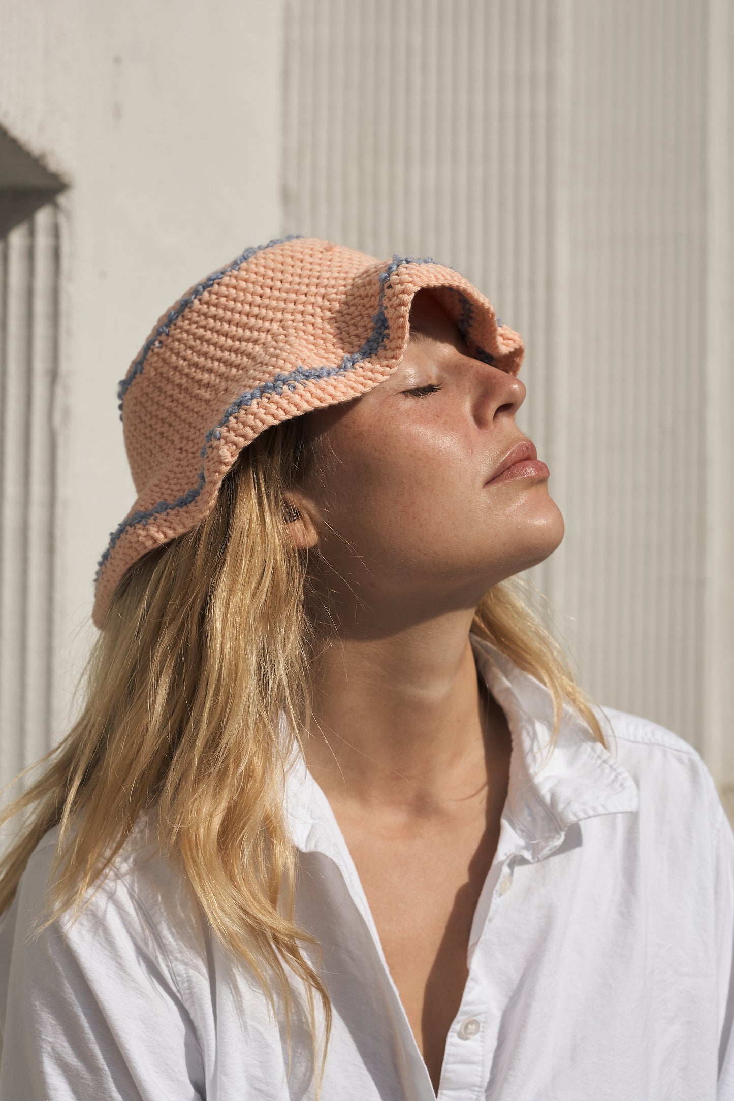 Crochet Hat: Peach with blue stripes